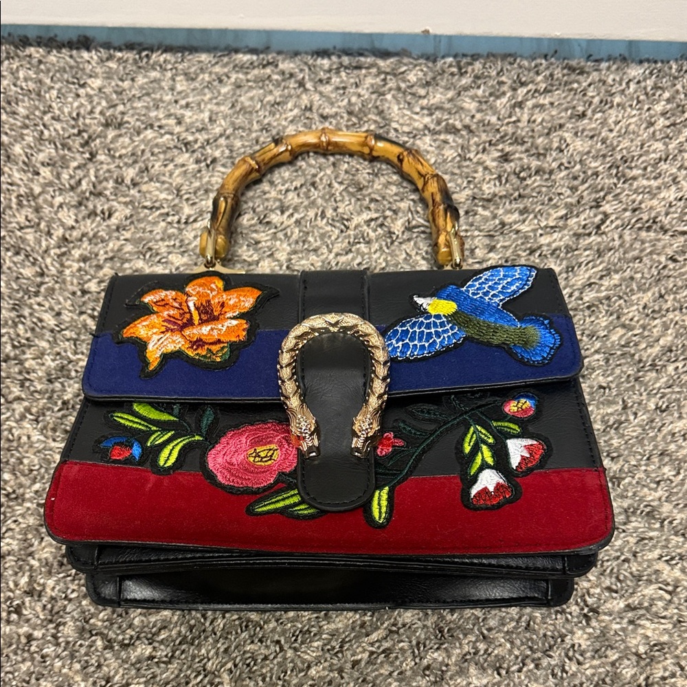 Black Multicolor Embroidered Top-Handle Bag with Bamboo Handle - Picture 2 of 6